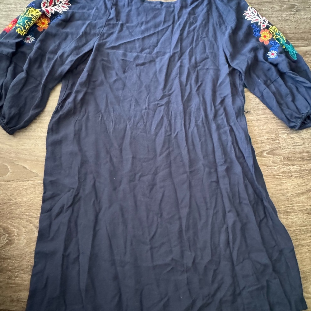 LOFT Navy Embroidered Floral Blouse with Multicolor Stitches - Picture 3 of 3